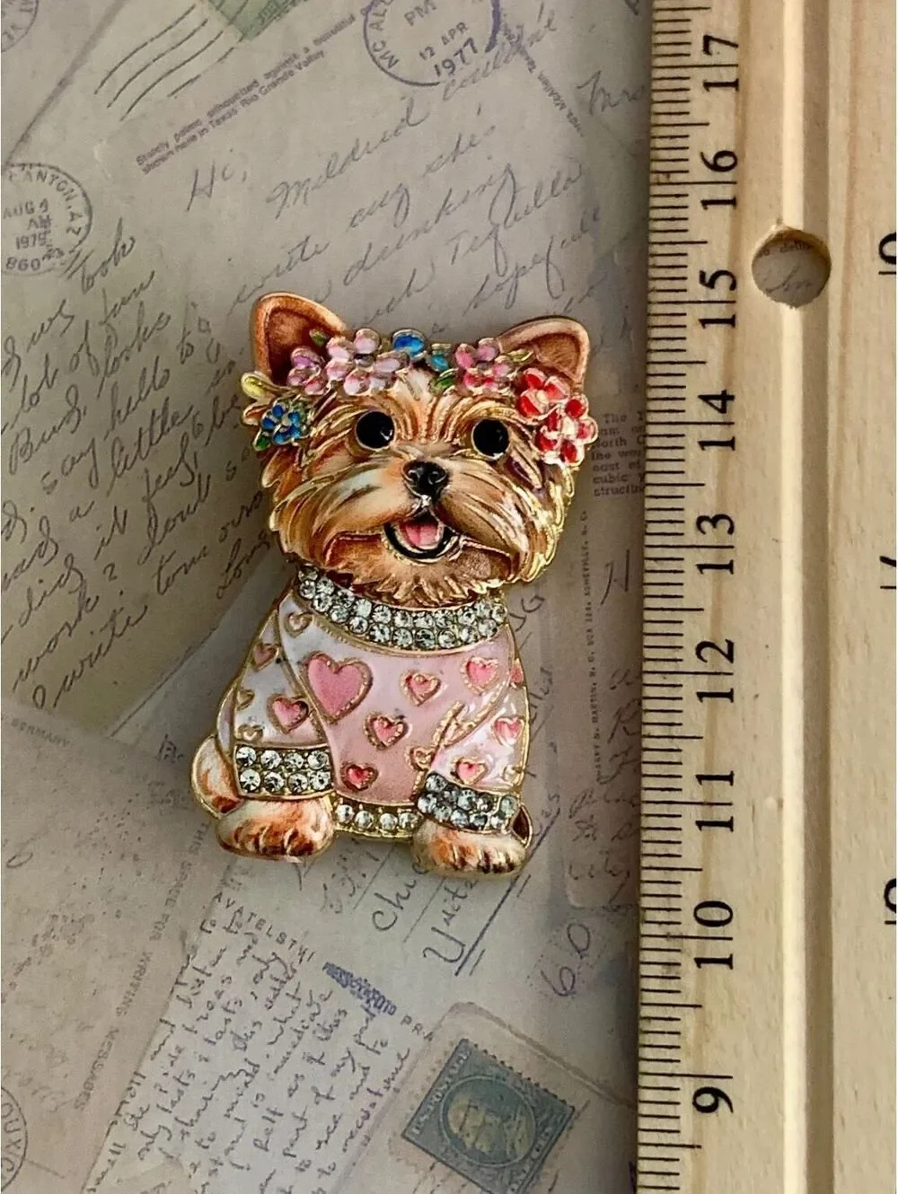 Charming Yorkie Dog Brooch with Sparkly Rhinestones & Floral Crown